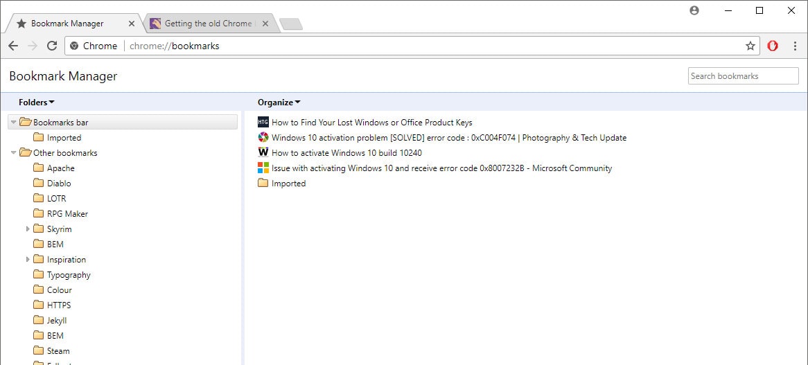 The old Chrome bookmark manager